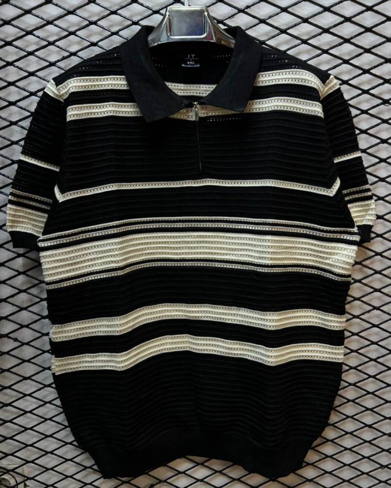 Polo Homme Rayé Bleu & Blanc – Col Zippé, Style Casual Chic Tendance Cameroun
