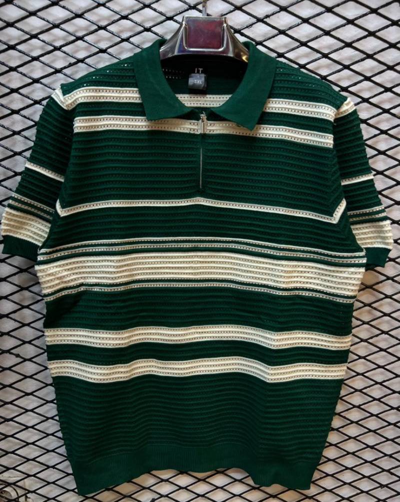 Polo Homme Rayé Bleu & Blanc – Col Zippé, Style Casual Chic Tendance Cameroun