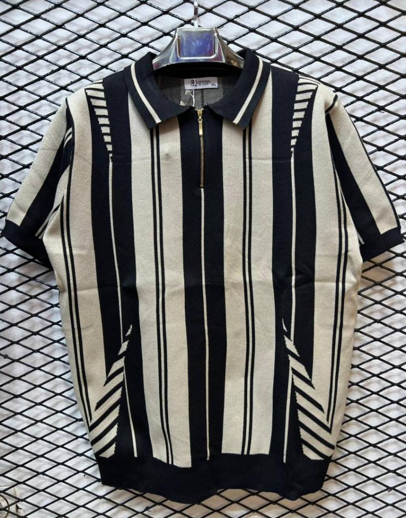Polo Homme Rayé Bleu & Blanc – Col Zippé, Style Casual Chic Tendance Cameroun